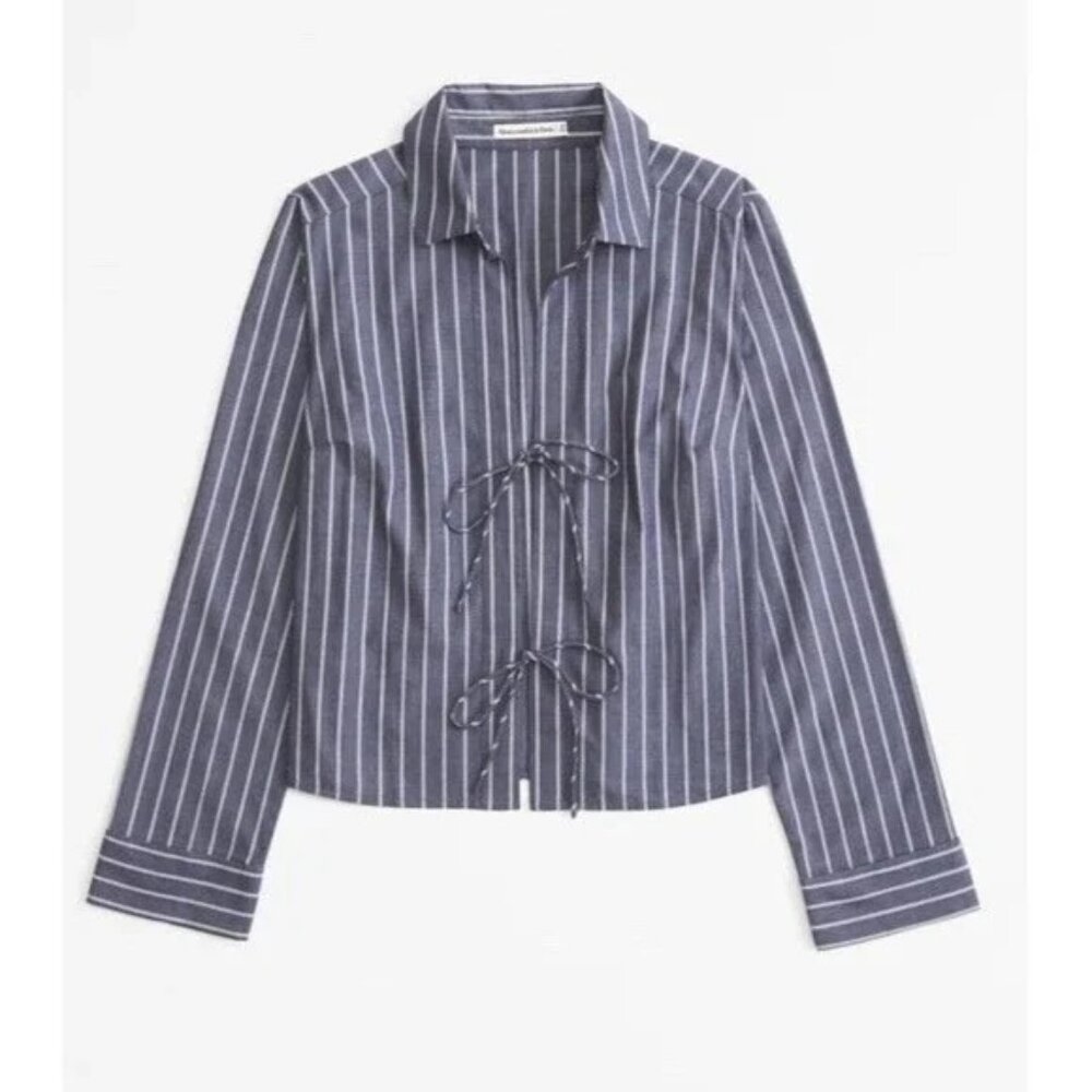 Abercrombie Grey Pinstripe Tie Front Top - S
